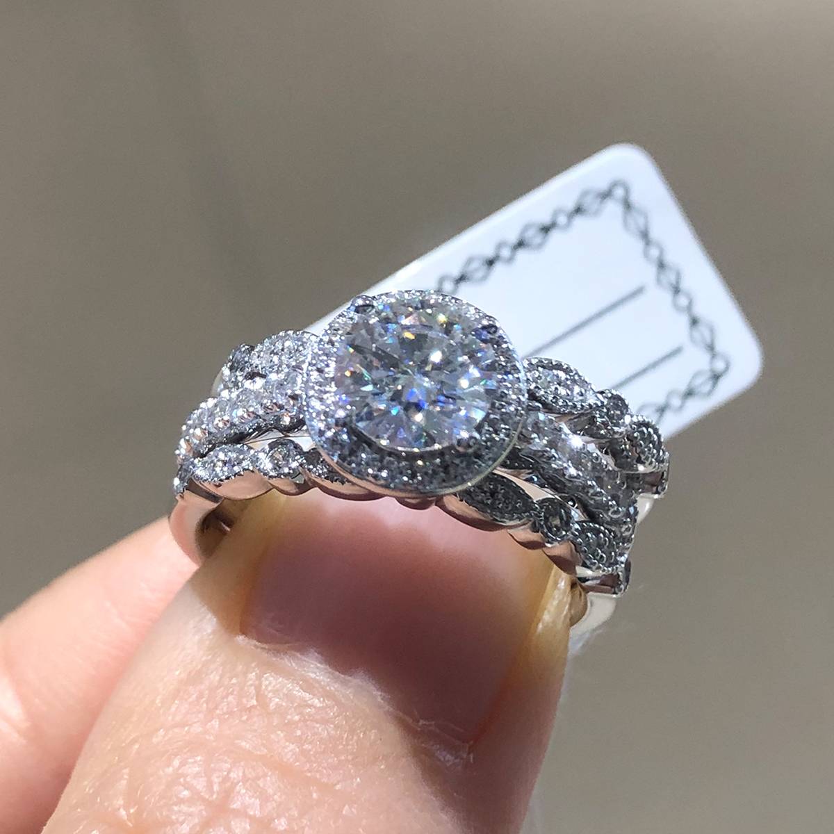 圆包女戒S925银镀白金主副套戒叠戴女戒定制主石莫桑钻1.0ct/副石高碳钻